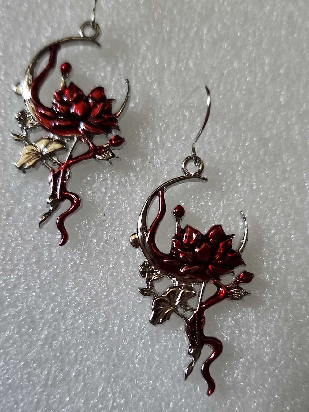 Hand Crafted Red Lotus Crescent Flower Dangle Earrings